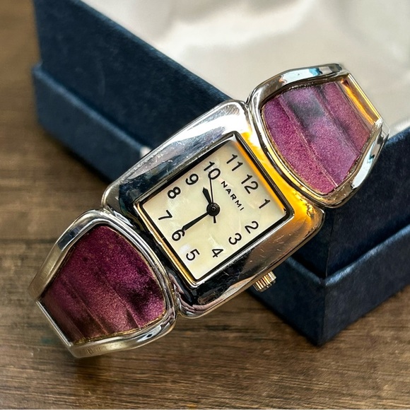 Narmi Stainless Steel Cuff Watch With Purple Leather Mother of Pearl Crystal - Picture 4 of 6